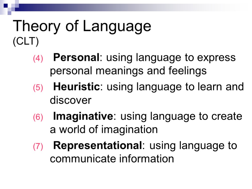 Theory of Language (CLT) Personal: using language to express personal meanings and feelings Heuristic: